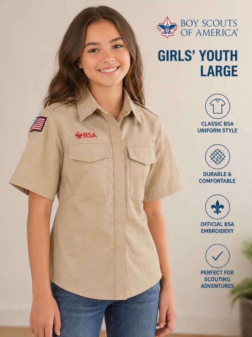 Girls' Khaki Short-Sleeve Uniform Shirt with BSA Embroidery